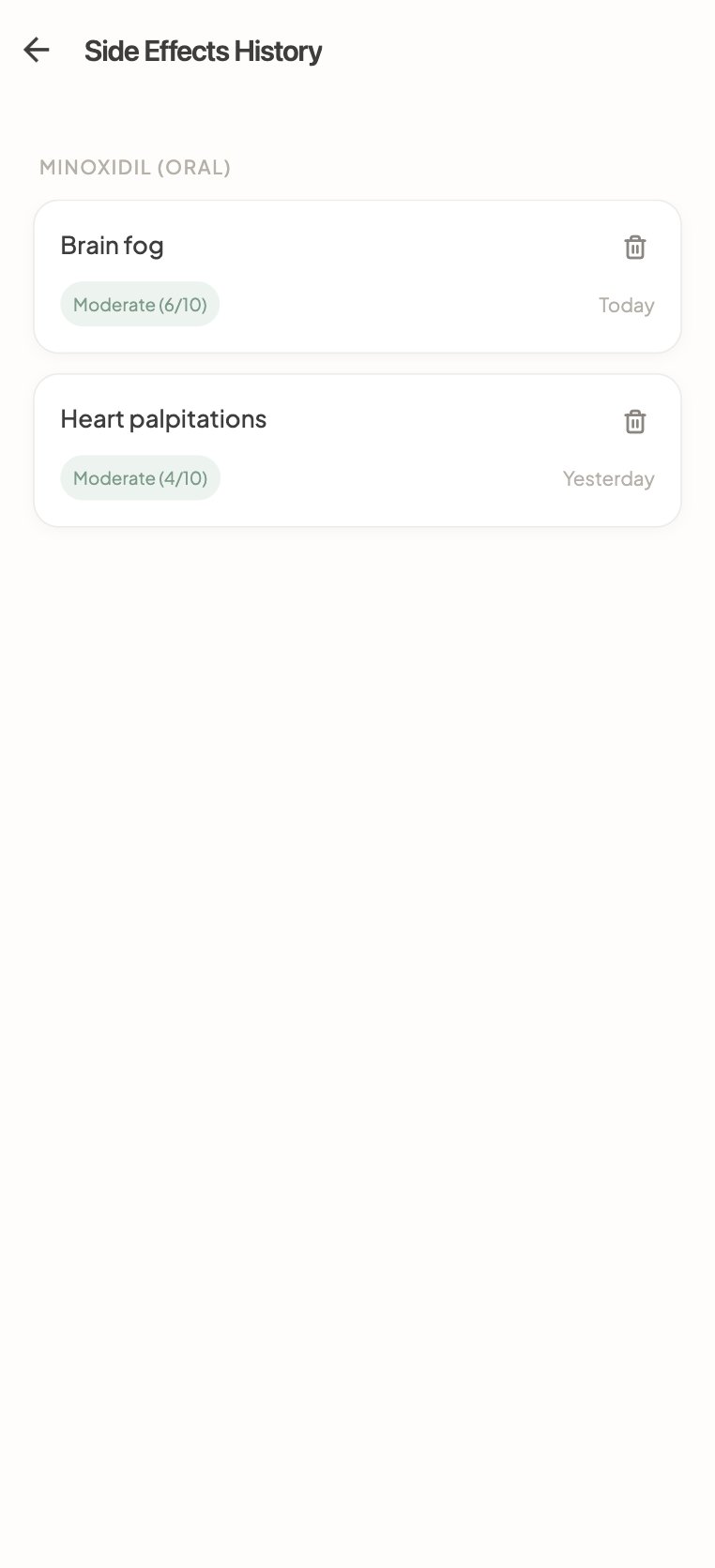 Side effects history screen